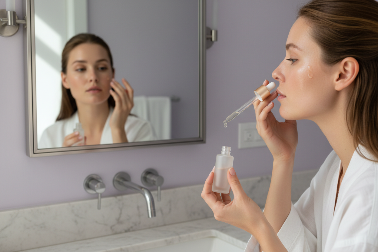 Person applying the custom formula in front of a mirror