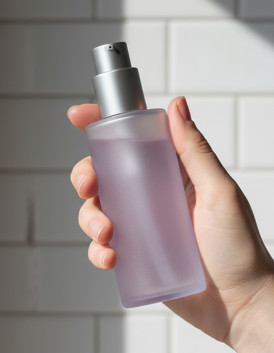 A hand holding the pump bottle in a bright bathroom