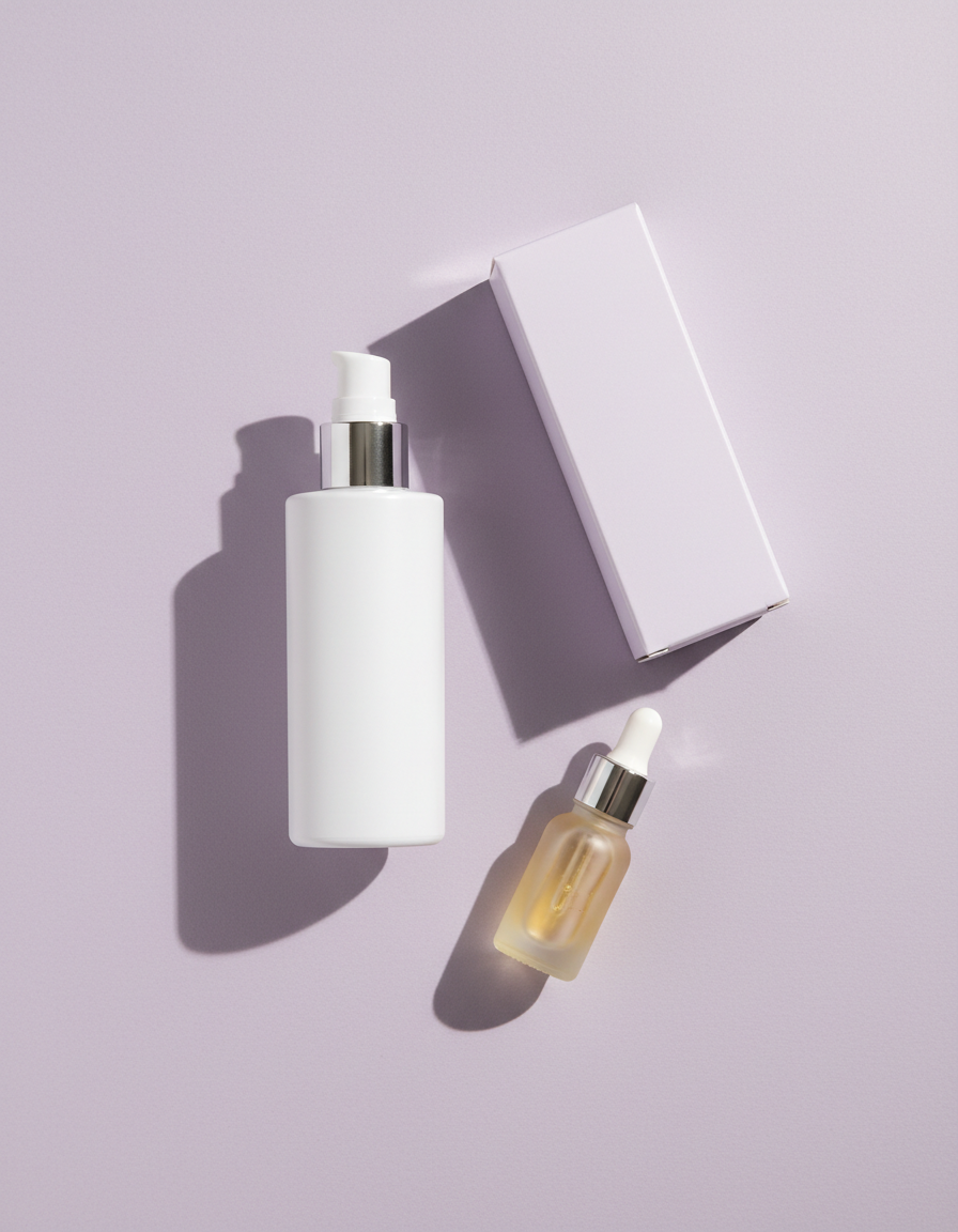 Flat lay of the formula bottle, carton and dropper