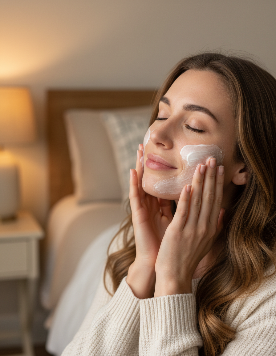 Person smoothing rich cream over their cheeks