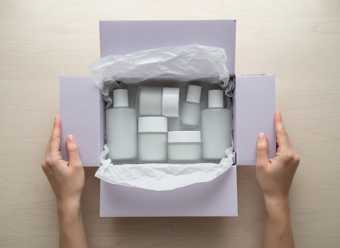 Hands unboxing a lilac shipping box with skincare bottles