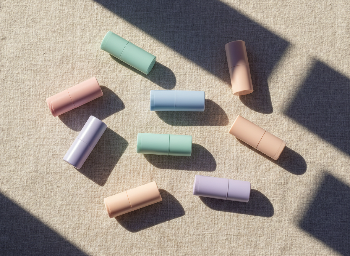 Pastel lip treatment tubes scattered on cream linen in bright sunlight