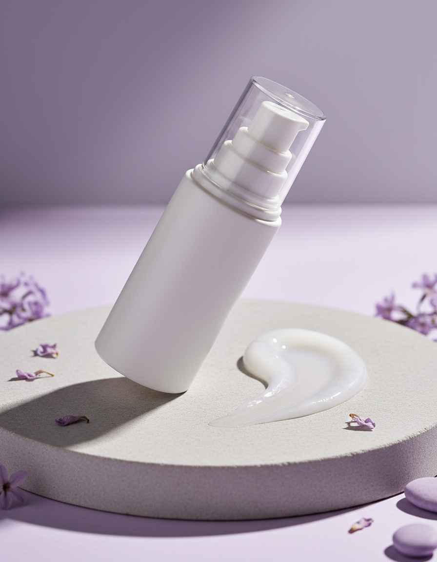 The formula bottle beside a glossy swatch of the cream