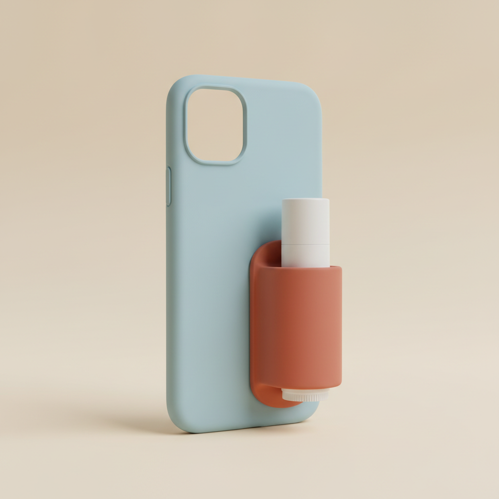 Pale blue phone case with a snap-on lip treatment holder