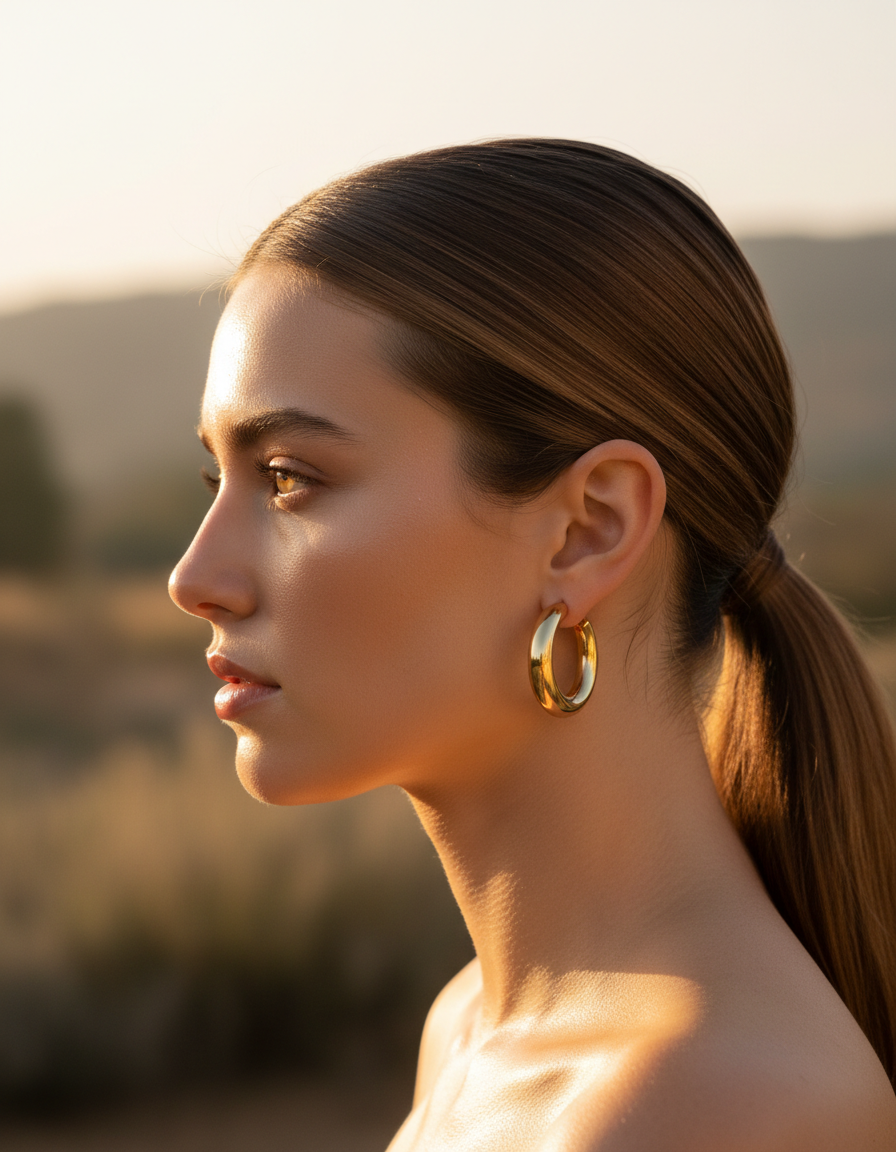 Profile of a person with dewy glazed skin in sunlight