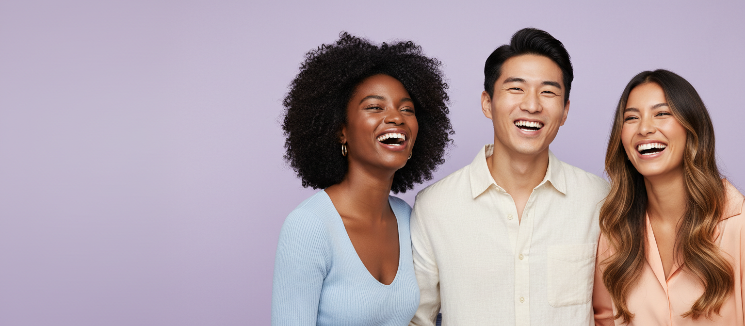 Three people with healthy skin laughing together