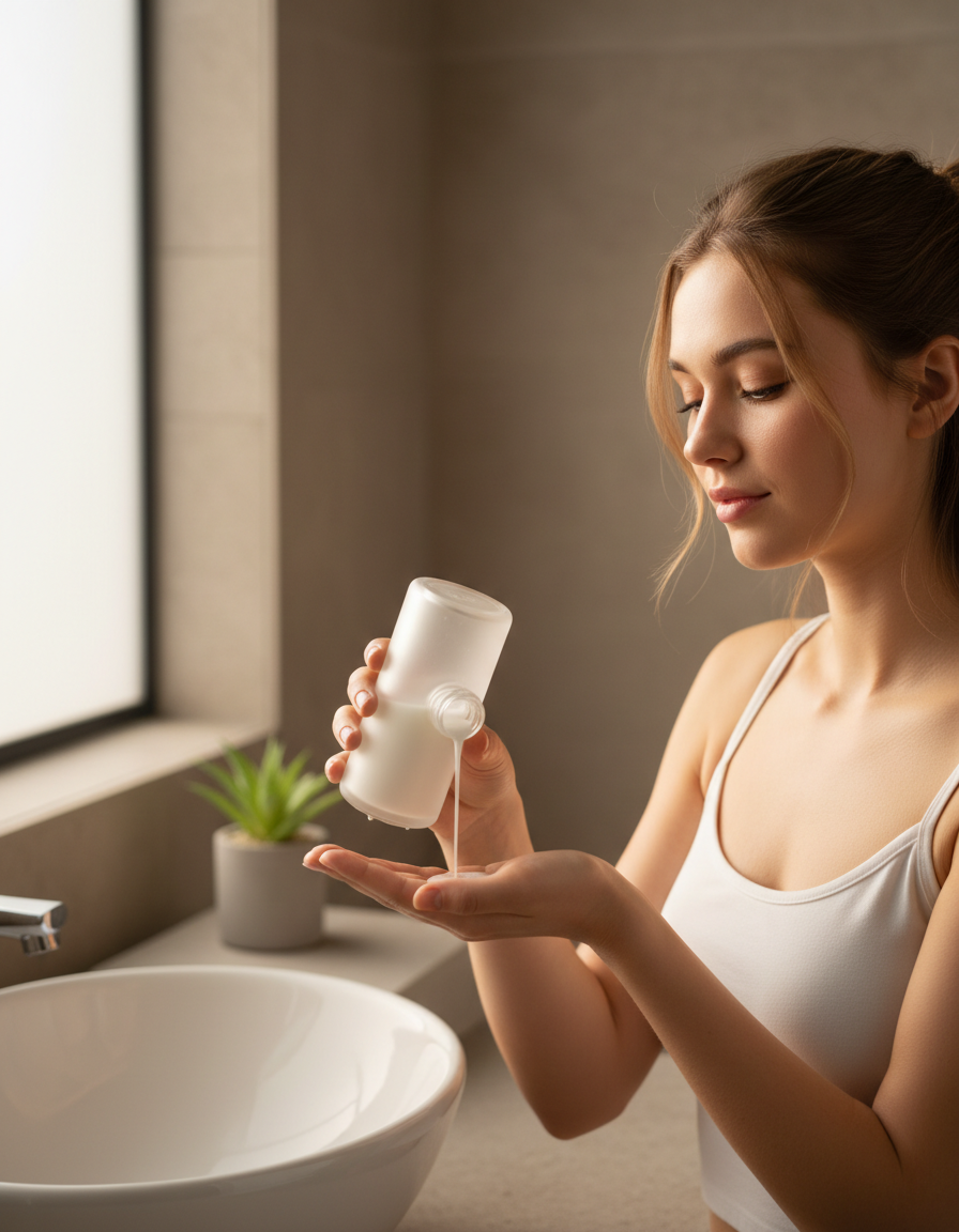 Person pouring milky essence into their palm