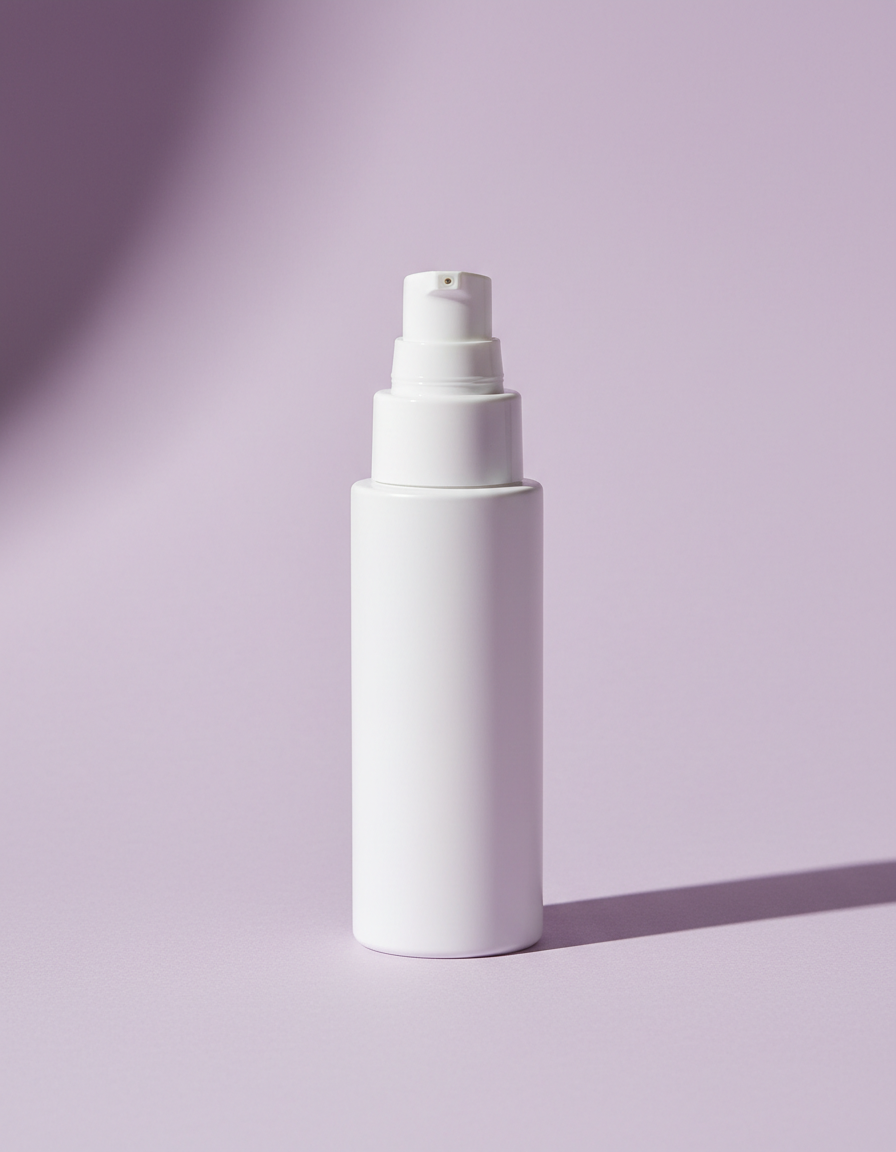 Unbranded white pump bottle of custom prescription formula on a lilac background