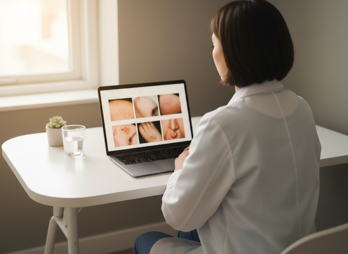 Licensed provider reviewing skin photographs on a laptop