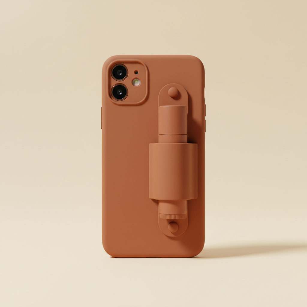 Terracotta phone case holding a lip treatment tube