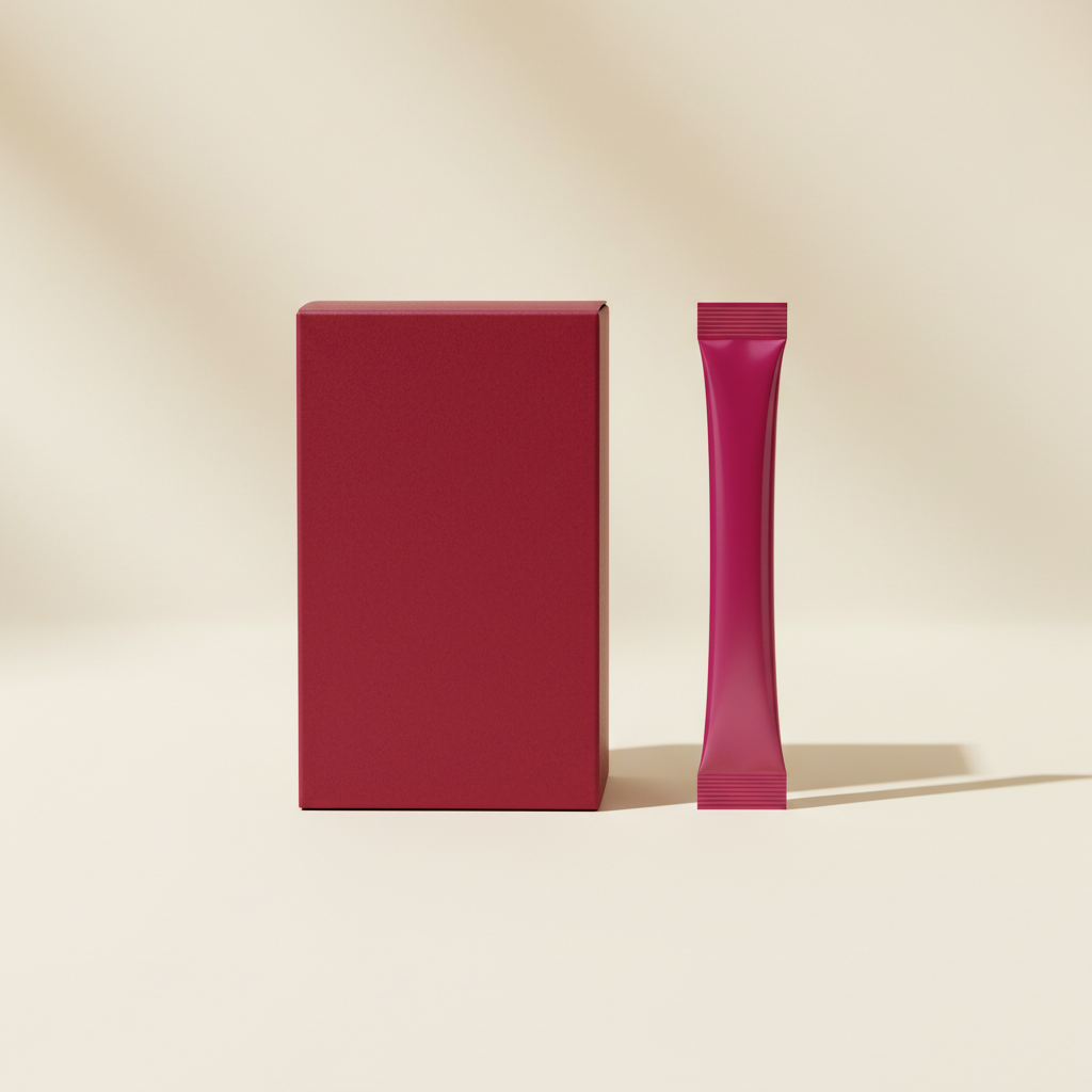 Unbranded crimson supplement carton beside a single-serve sachet