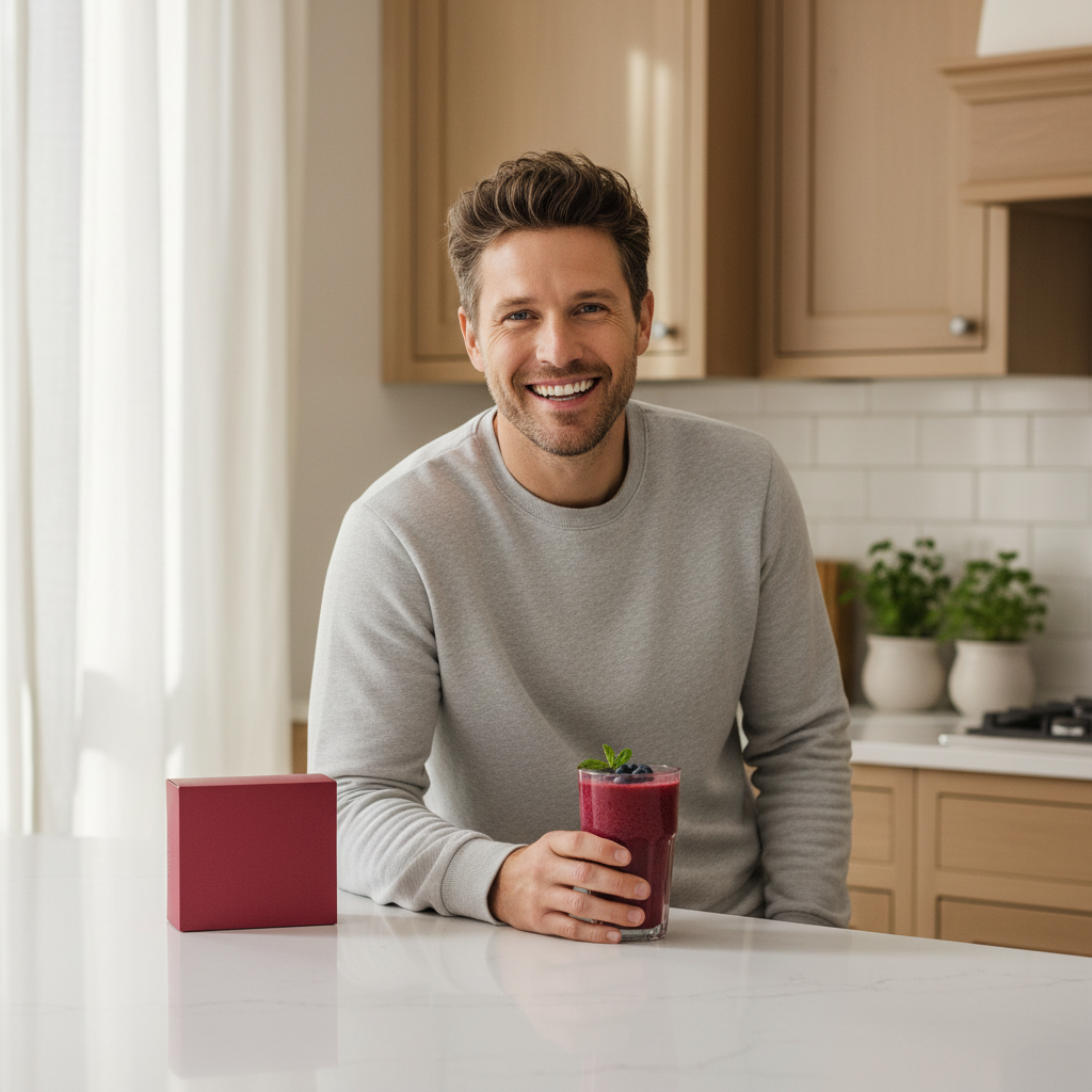Person drinking the daily formula at a kitchen counter