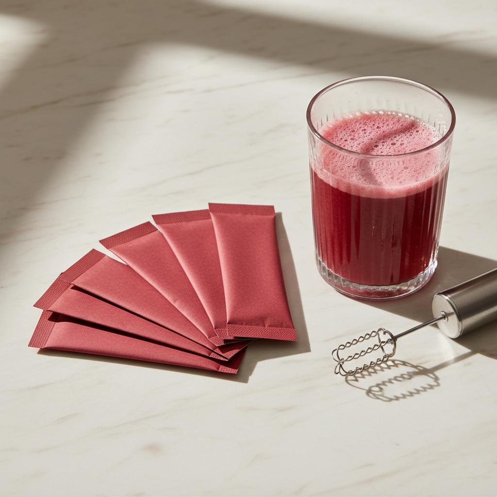 Fanned sachets beside a glass of the prepared drink