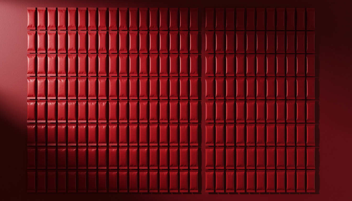 Rows of unbranded crimson sachets on a deep red surface
