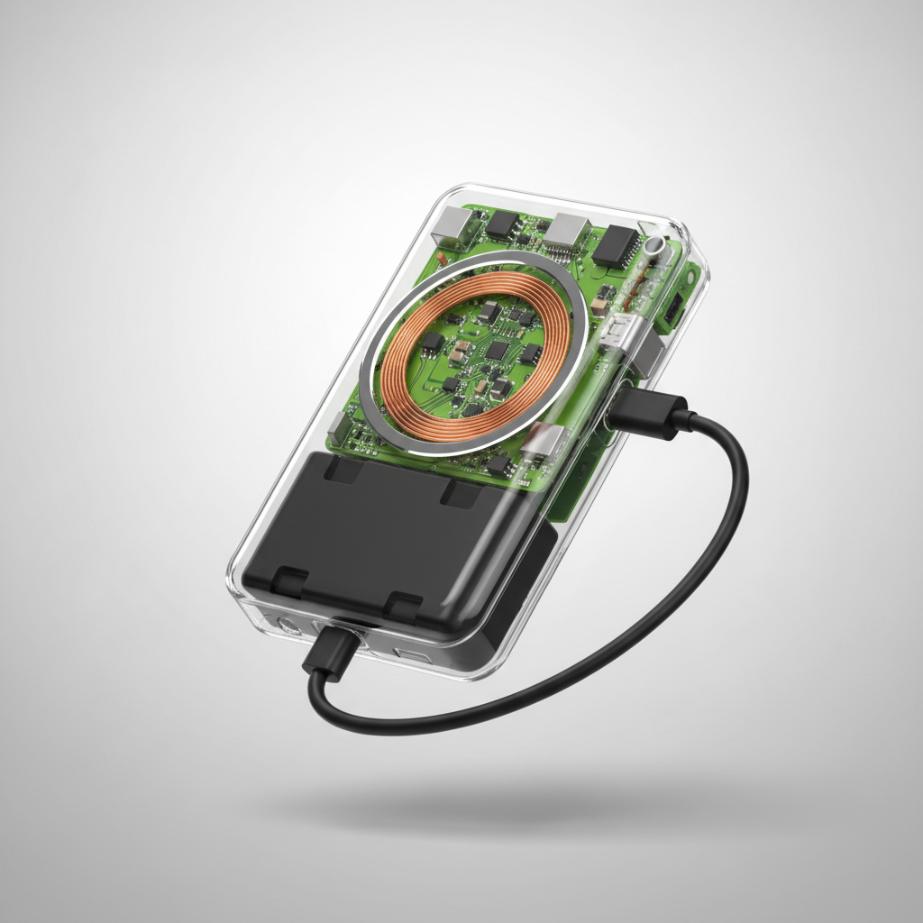 Transparent magnetic power bank with visible circuit board and built-in cable