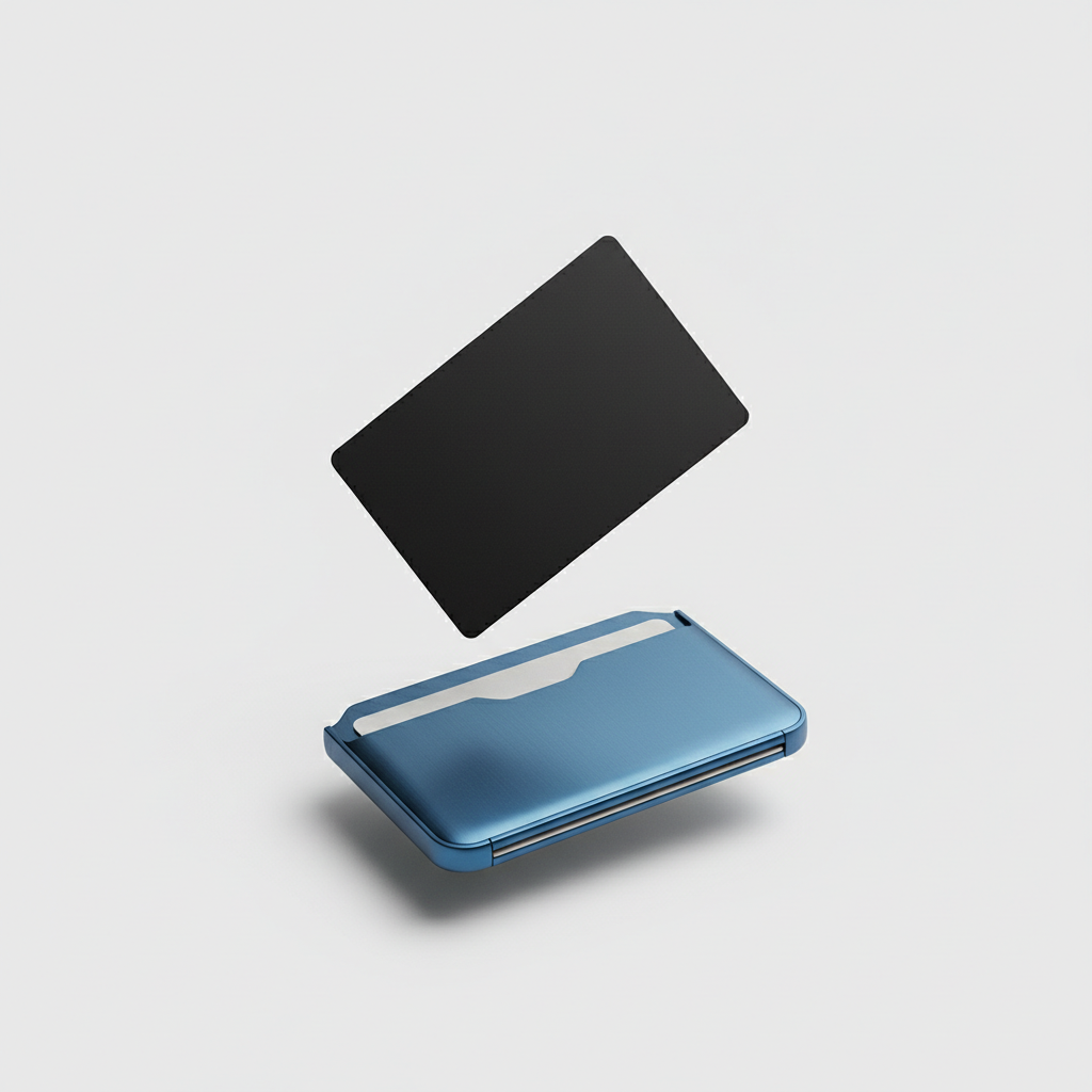 Thin matte black tracking card floating above a metal cardholder wallet