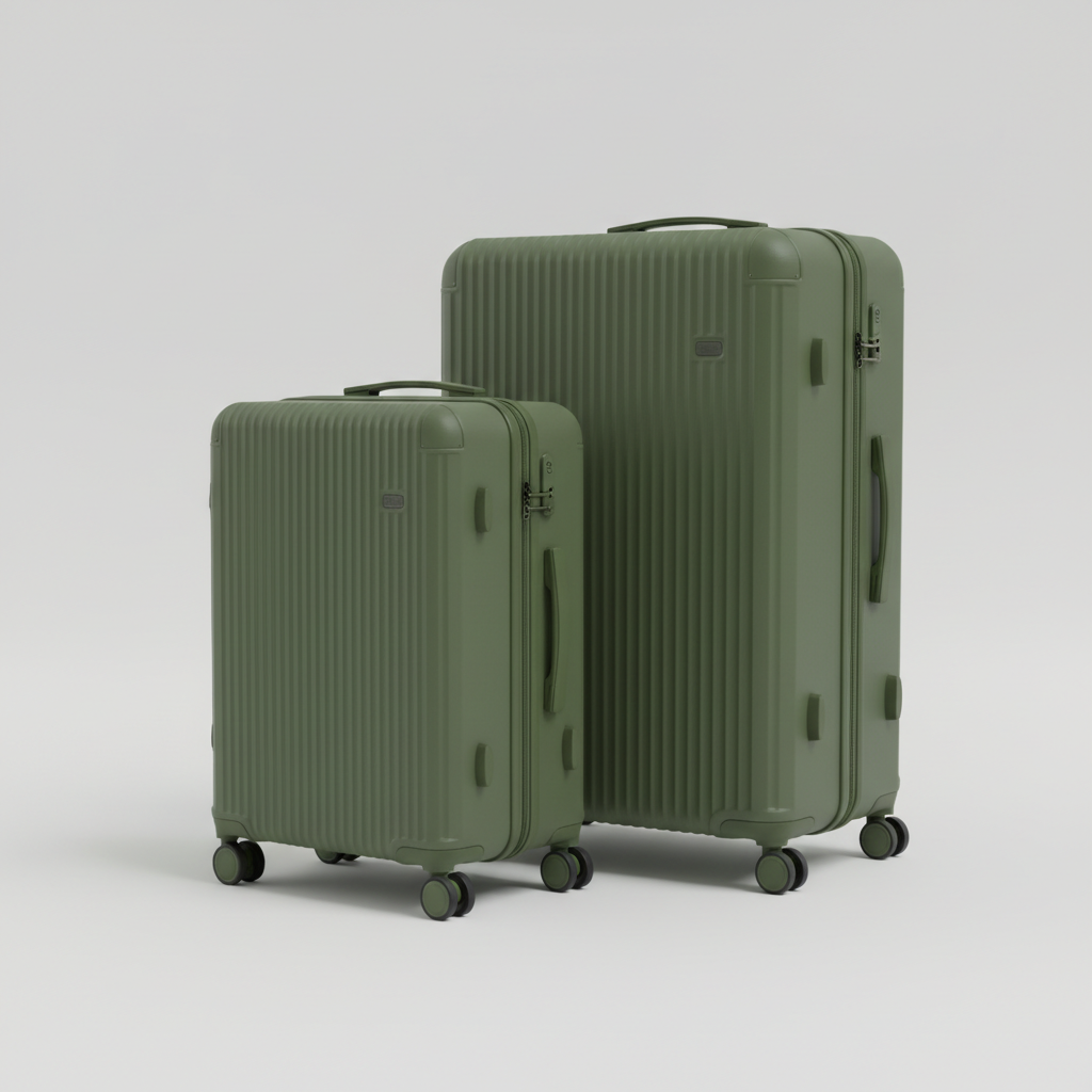 Two matte olive hardshell rolling suitcases side by side