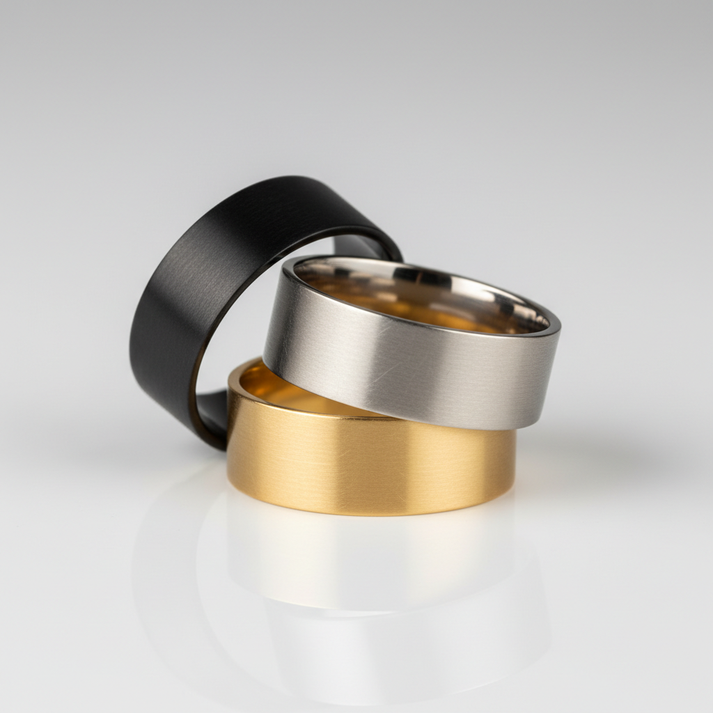 Three wide flat metal band rings in matte black, brushed silver and gold tone