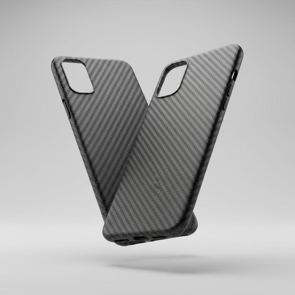 Slim carbon fiber weave phone cases at a tilted angle