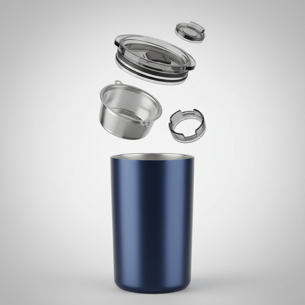 Navy insulated tumbler with lid and filter parts arranged above it