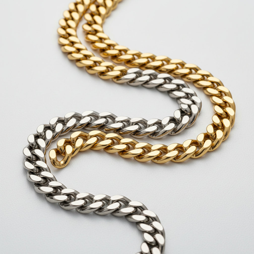 Silver and gold tone curb chain necklaces laid in a curve